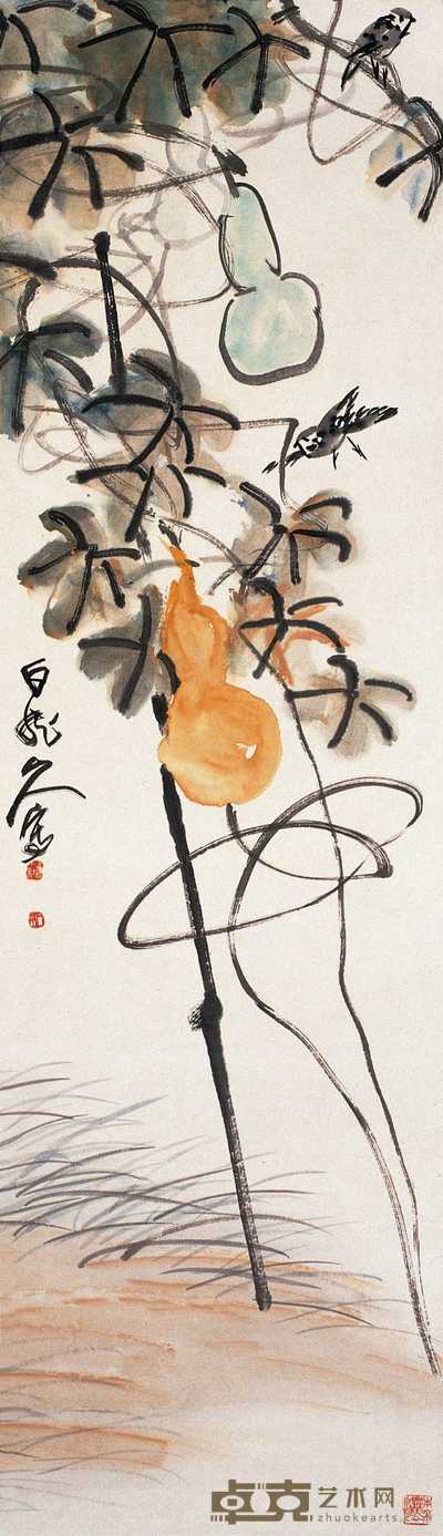 王震 葫芦小鸟图 轴 121×35cm